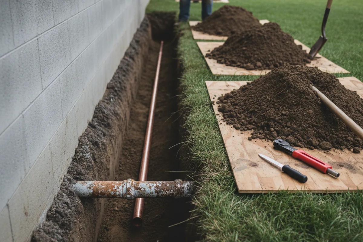 Excavated water line trench during Water Heater Repair in Cedar Park